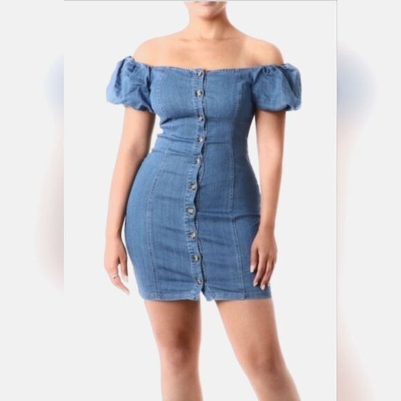 Blushe L  Boho OffShoulder Puff Sleeve Button Front Bodycon MiniDress LightDenim - Picture 1 of 11